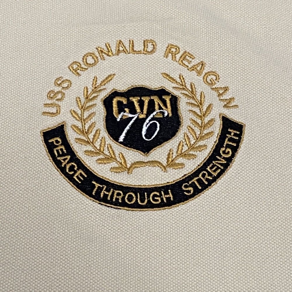 Military USS RONALD REAGAN CVN-76 Peace Through Strength Beige Polo Shirt XL